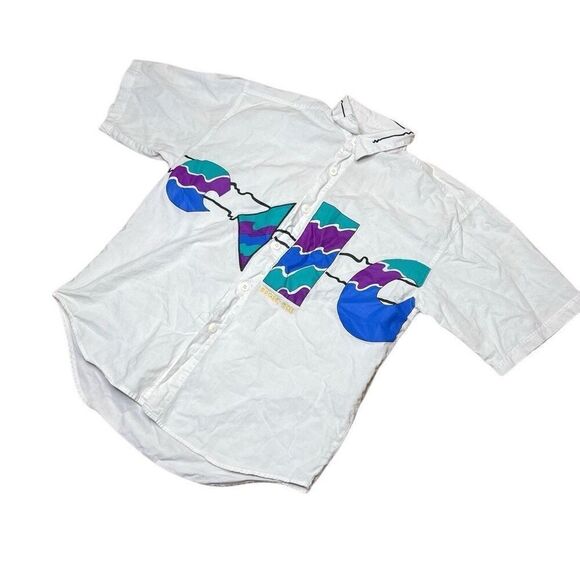 Vintage 80s Bugle Boy Geometric Yacht Button Down Shirt Short Sleeve Large - Picture 2 of 5
